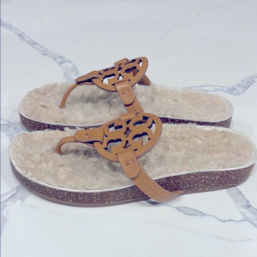 Tory Burch Miller Cloud Shearling Tan Leather Sandals